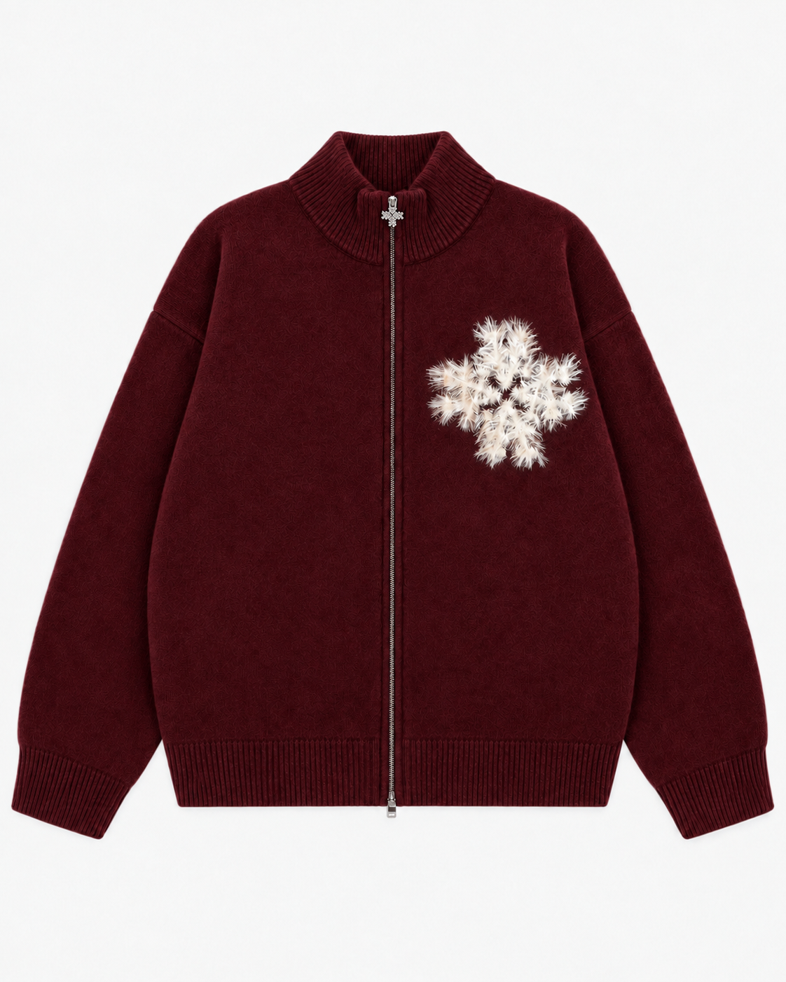 Sweat zippé en maille fluffy monogramme signature bordeaux ATNT PARIS, vue de face.