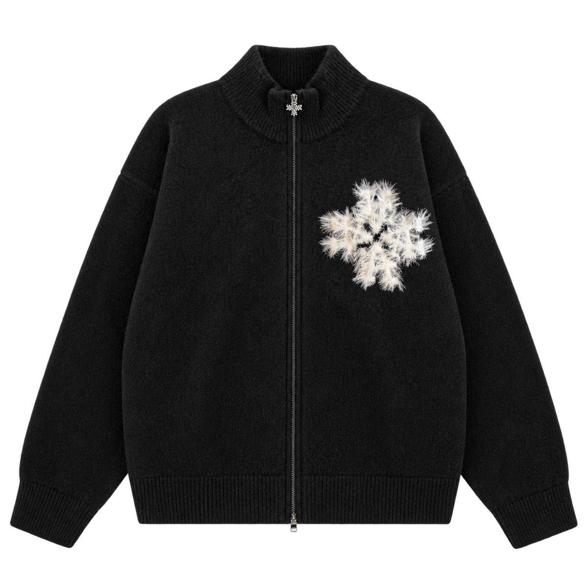 Sweat zippé en maille fluffy monogramme signature noir ATNT PARIS, vue de face.