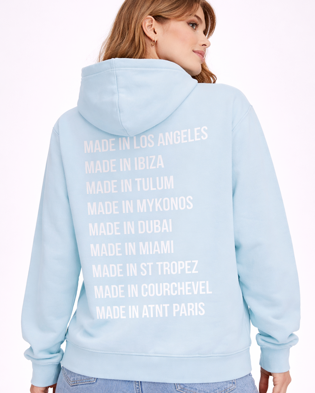 sweat atnt paris bleu ciel de dos porté par mannequin studio