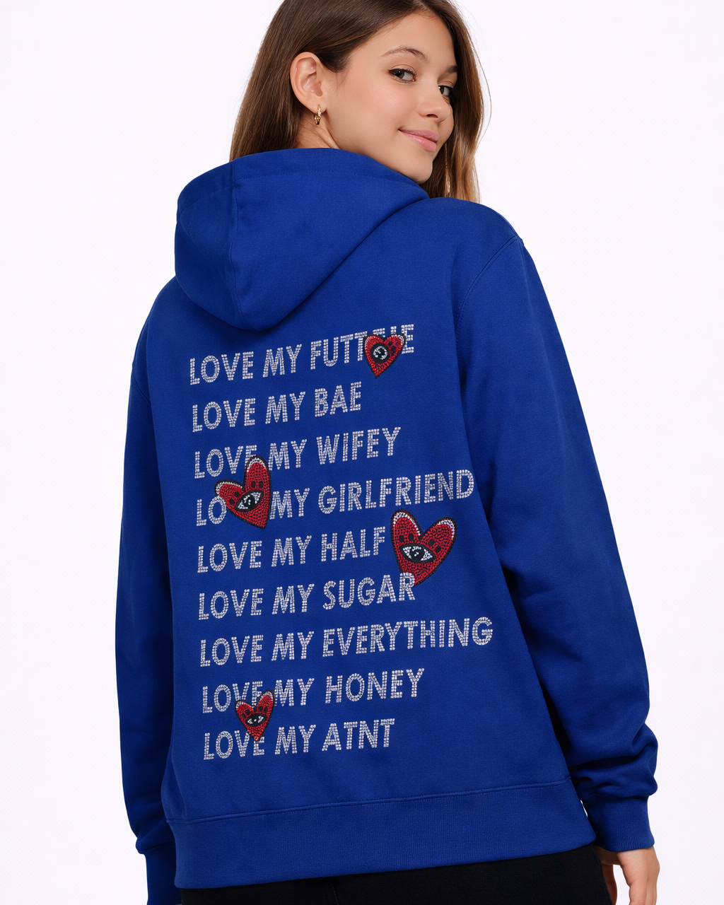 Sweat Capuche Bleu Roi Love heart Strass