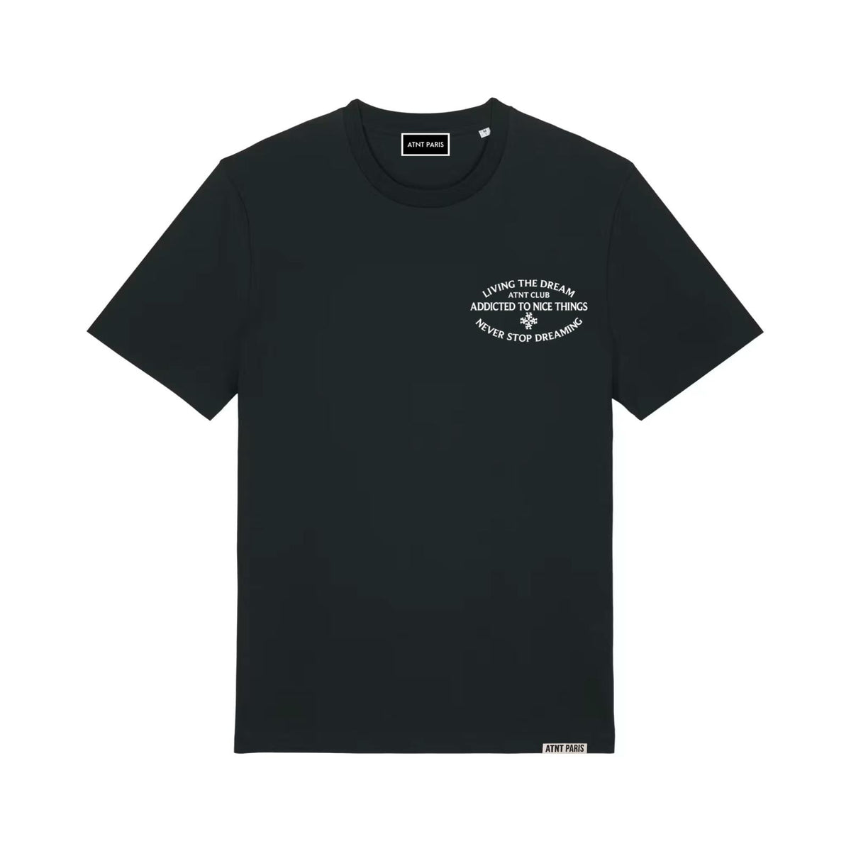 T-shirt classique noir Never Stop Dreaming ATNT PARIS, vue de face.