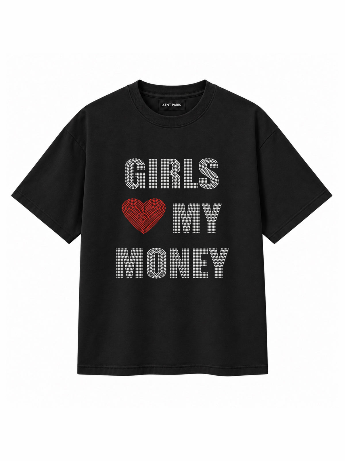 T-shirt noir Girls Love My Money ATNT PARIS, vue de face.