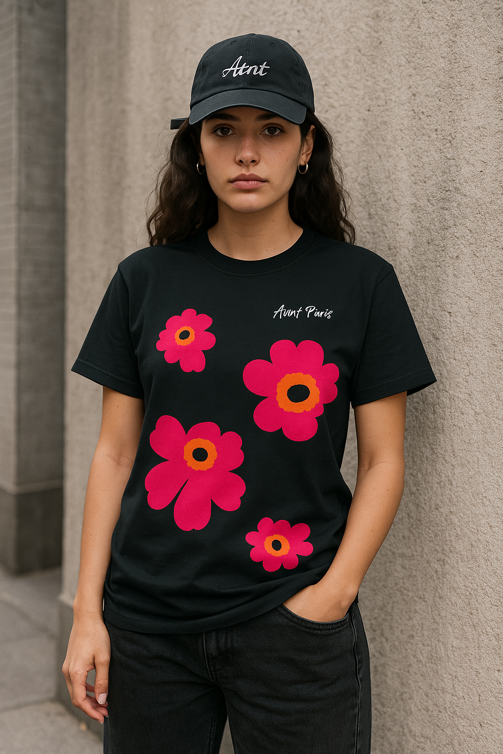 T-shirt noir red flower print ATNT PARIS, porté, vue de face.