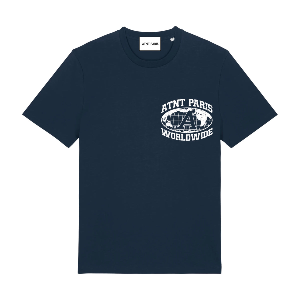 T-shirt unisexe bleu marine worldwide ATNT PARIS, vue de face.