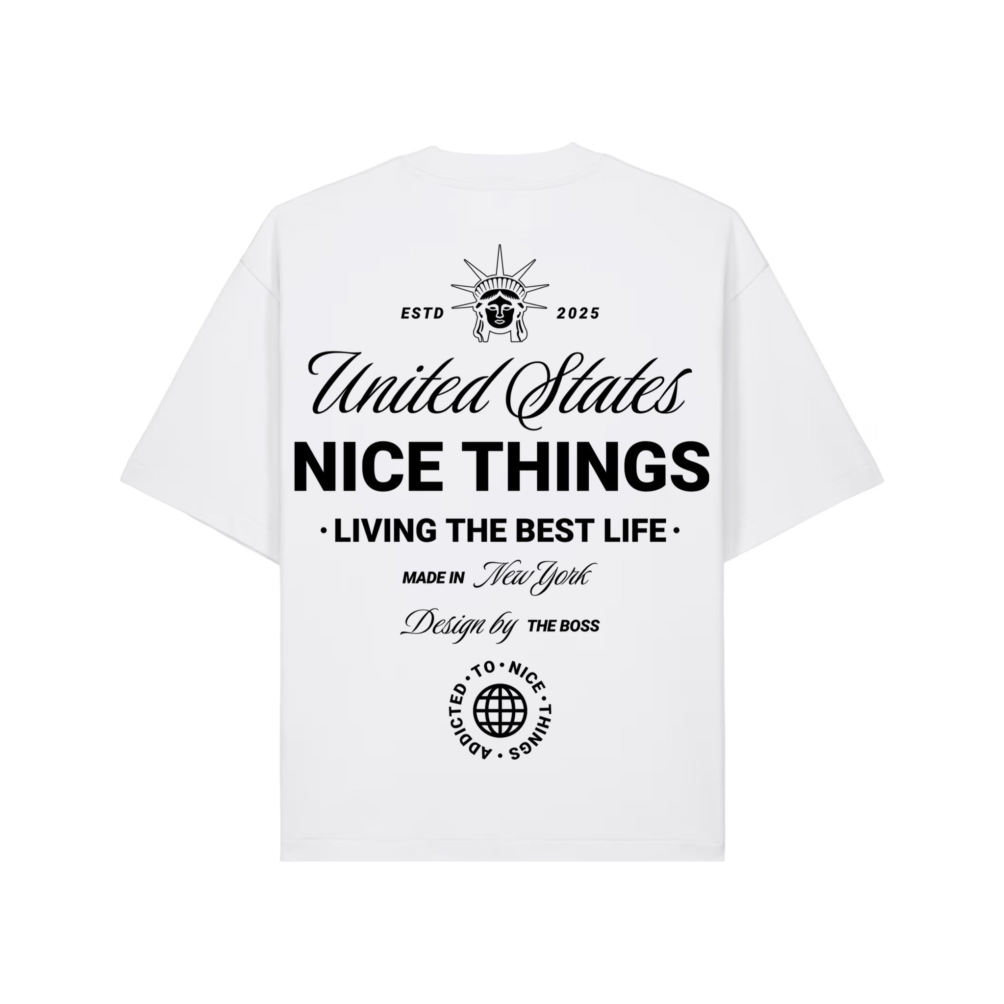 tee shirt blanc ovzesize de dos imprimé en grand United states Nice Things Living the best Life 2026