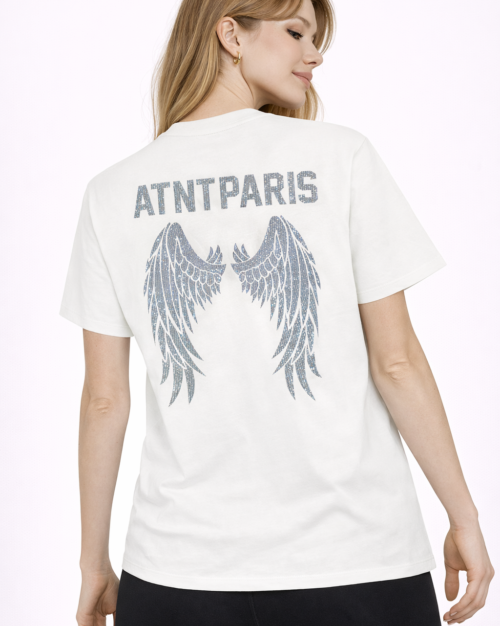 tee shirt blanc unisexe ailes d'anges en strass dans le dos