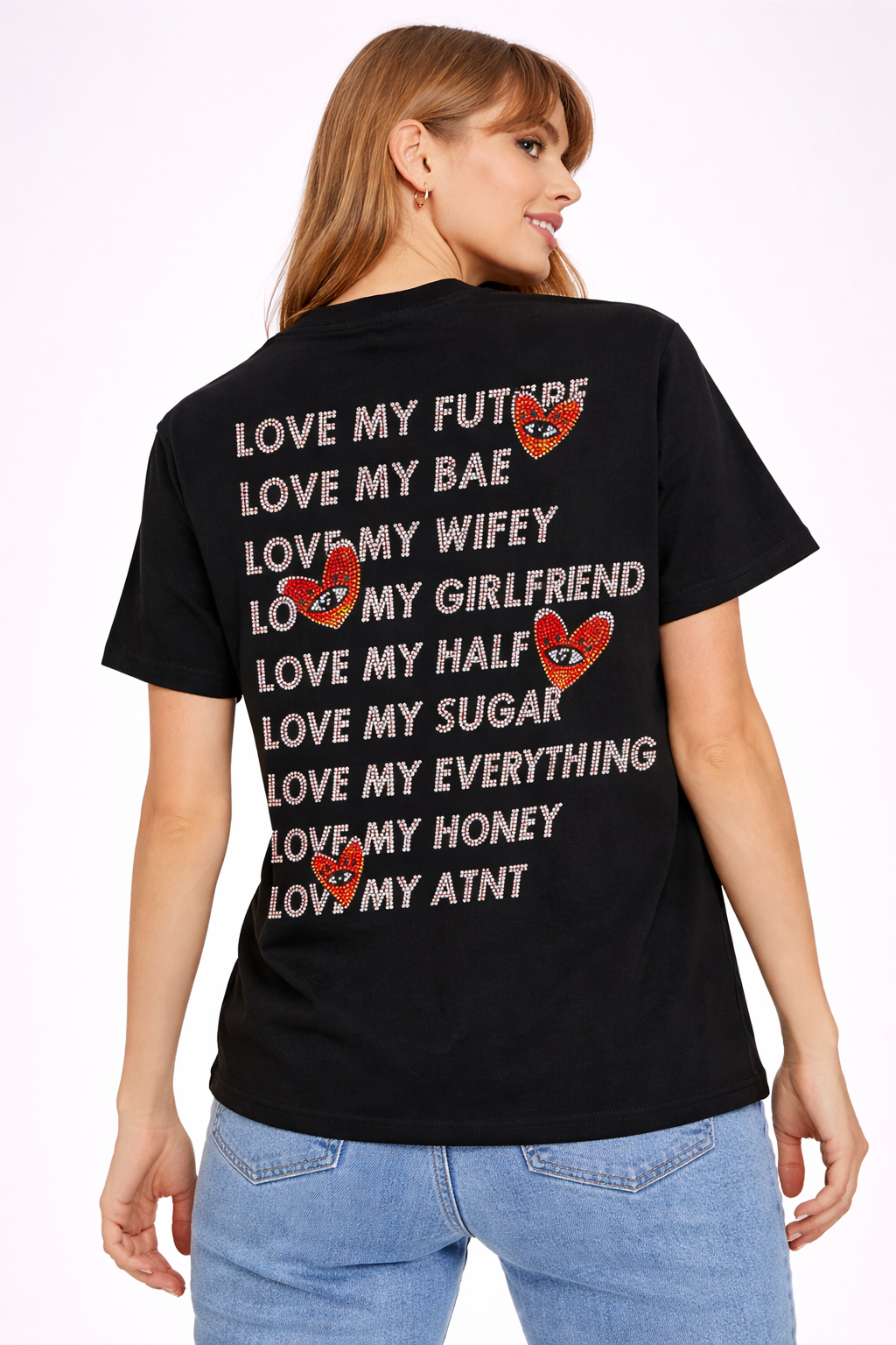 T-shirt noir ATNT Paris porté en studio, mannequin femme mince, vue de dos, impression strass “Love My Future”, fond blanc.
