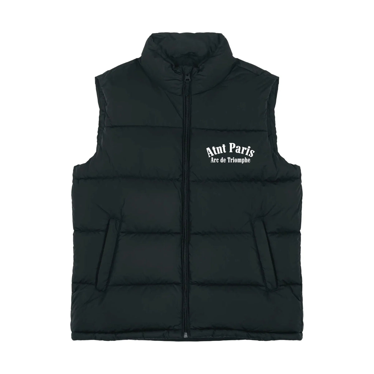 Veste doudoune sans manche oversize noir Arc de Triomphe ATNT PARIS, vue de face.