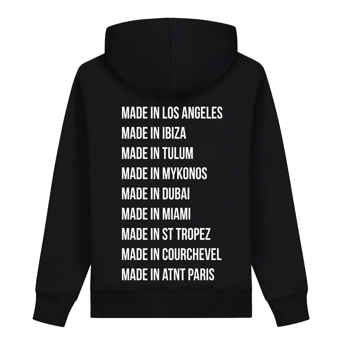 Sweat noir ATNT Paris porté par mannequin femme, dos trois-quarts, texte Made in Los Angeles, Ibiza, Tulum, Mykonos, streetwear