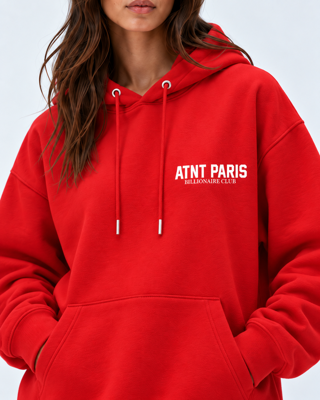 Sweat Billionaire Club rouge ATNT PARIS — détail du marquage poitrine, capuche et poche kangourou