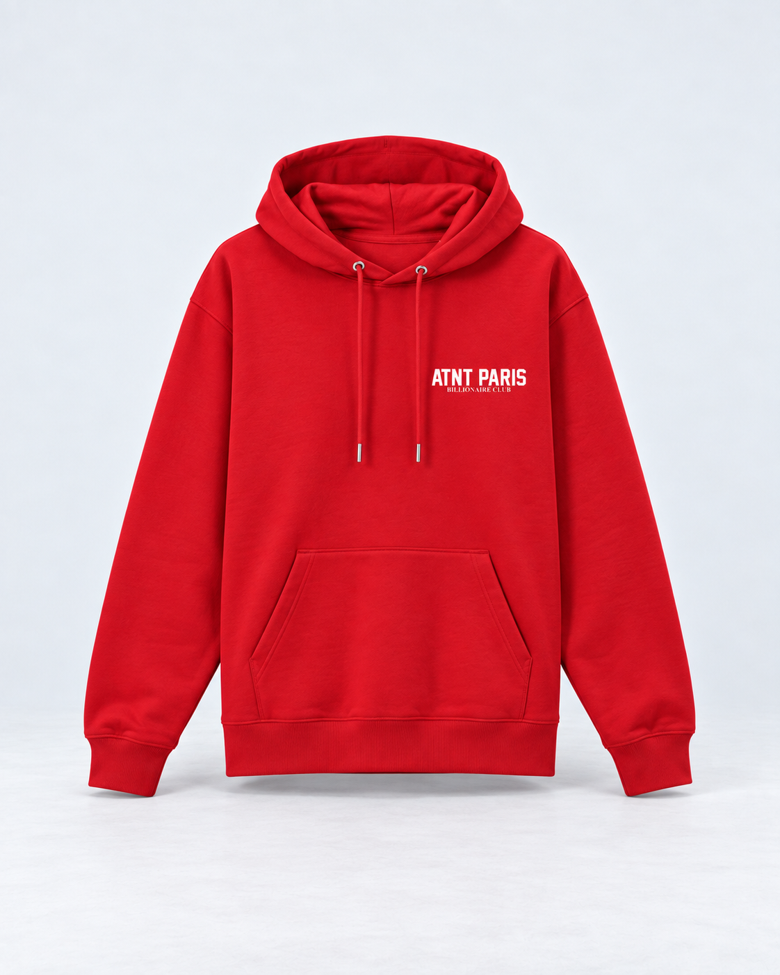 Sweat Billionaire Club rouge ATNT PARIS — mockup de face, studio gris clair