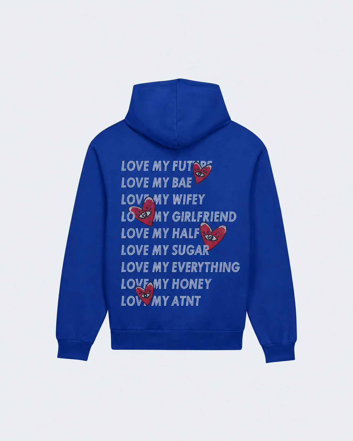 Sweat Capuche Bleu Roi Love heart Strass ATNT PARIS — Pack studio naturel — mockup à plat, vue de dos — fond gris clair