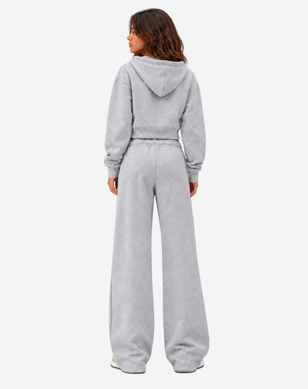 Jogging femme Heather Grey ATNT PARIS, vue de dos avec tête de profil, fond gris du site