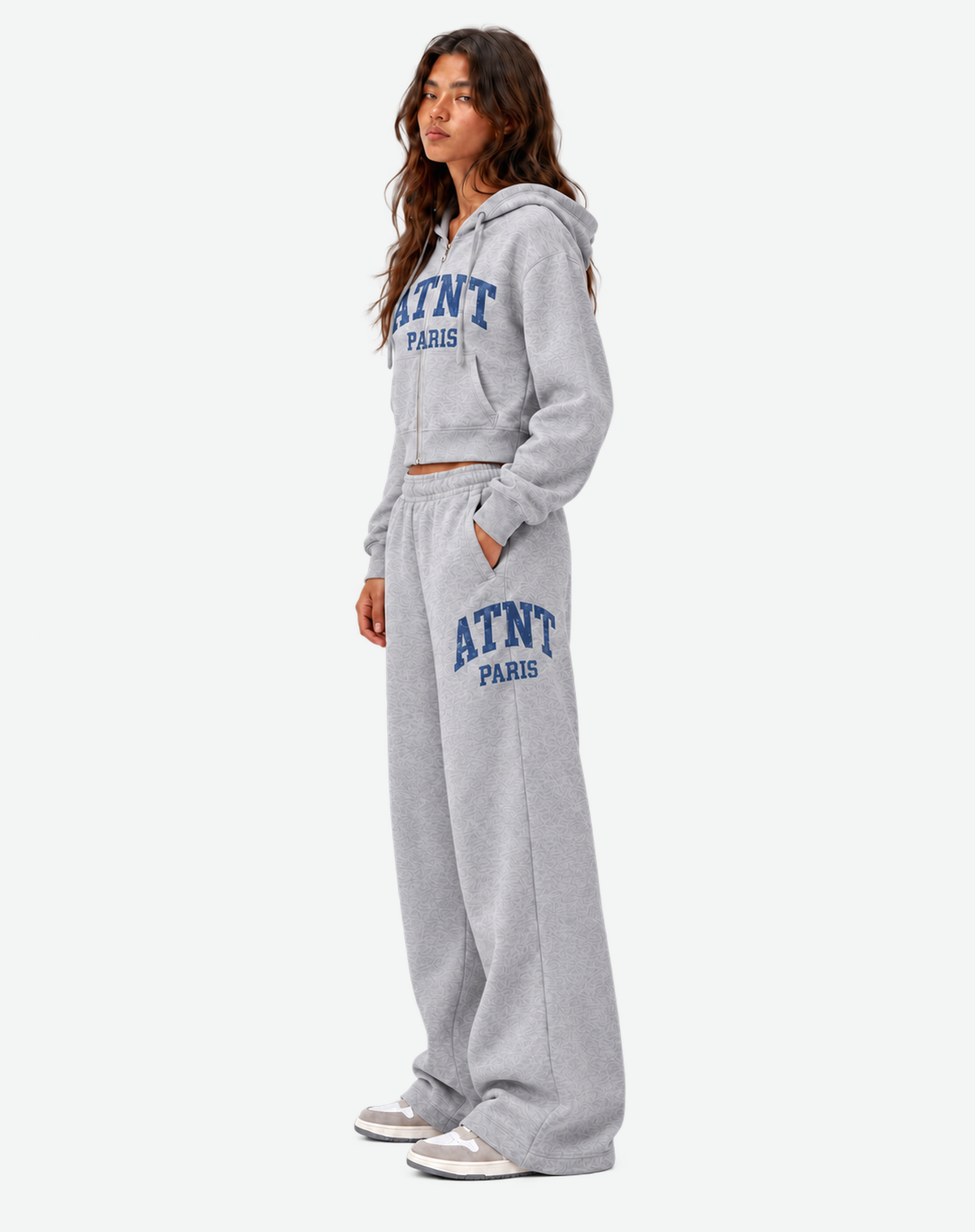 Jogging femme ATNT PARIS Heather Grey, trois quarts face, fond gris neutre