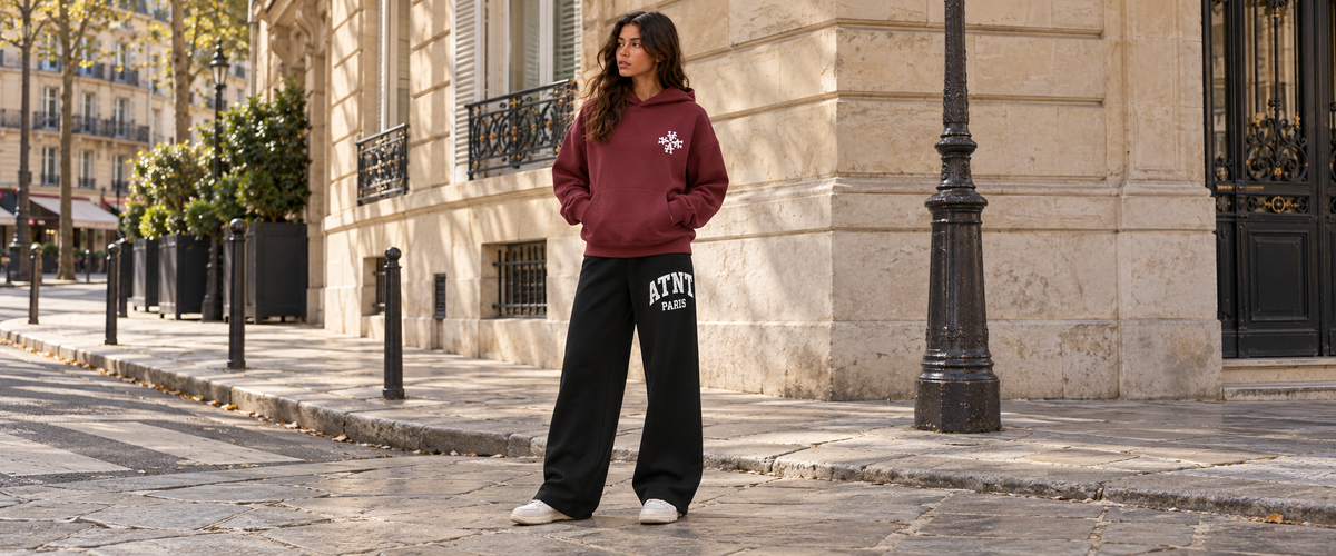 Sweat à Capuche oversize Signature Bordeaux porté dans une ambiance lifestyle ATNT PARIS