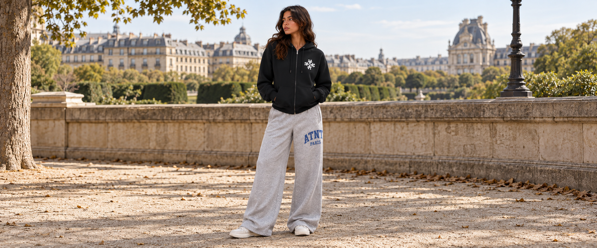 Gilet Zippé Signature noir avec jogging wide leg Heather Grey — tenue à Paris
