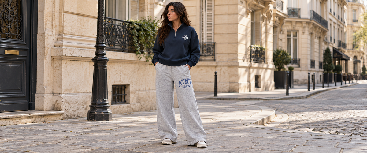 Sweat Col Trucker Signature navy porté dans une ambiance lifestyle ATNT PARIS