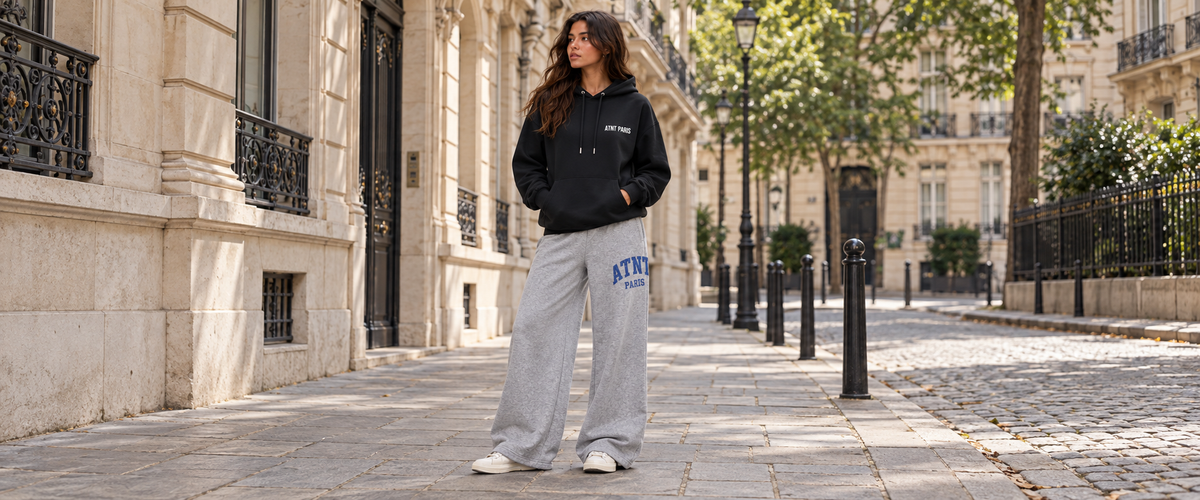 Sweat Capuche oversize Noir  –  Essentials porté dans une ambiance lifestyle ATNT PARIS