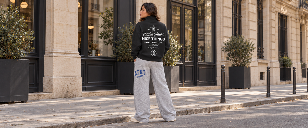 Sweat Col Trucker Noir –  Nyc Héritage avec jogging wide leg Heather Grey — tenue à Paris