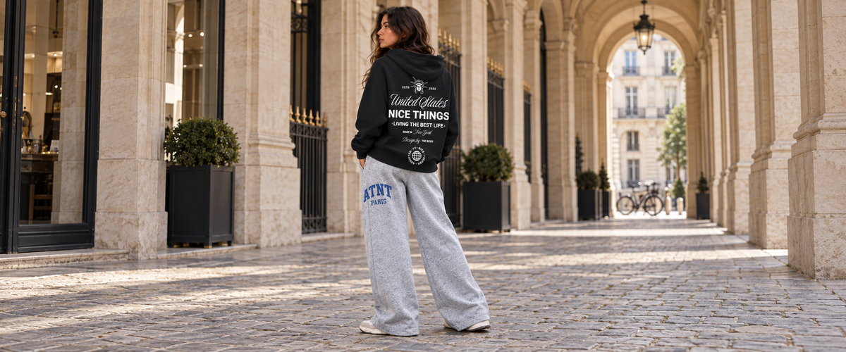 Sweat Capuche Noir  –  NYC Héritage avec jogging wide leg Heather Grey — tenue à Paris