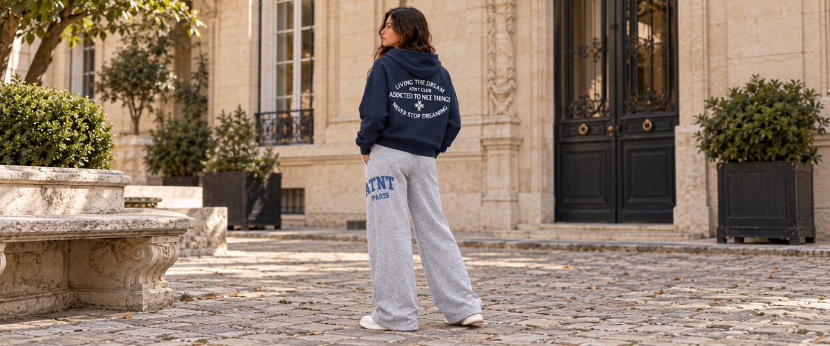 Gilet zippé Navy Never Stop Dreaming avec jogging wide leg Heather Grey — tenue à Paris