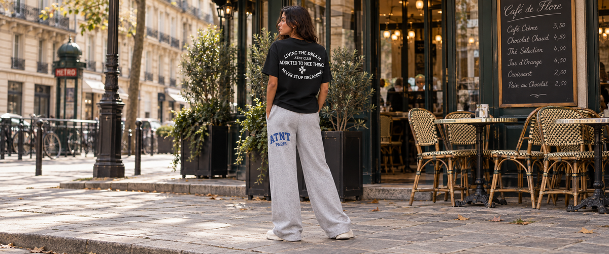 T-Shirt Classique  Noir –  Never Stop Dreaming avec jogging wide leg Heather Grey — tenue à Paris