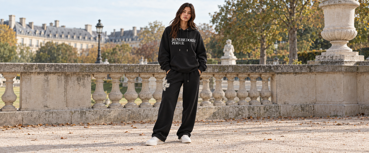 Sweat à Capuche Noir « Jeunesse Dorée Perdue » ATNT Paris porté dans une ambiance lifestyle ATNT PARIS