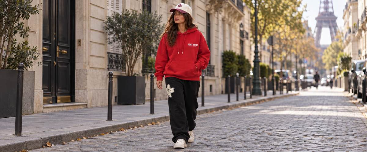Tenue ATNT Paris billionaire rouge avec jogging noir et casquette assortie.