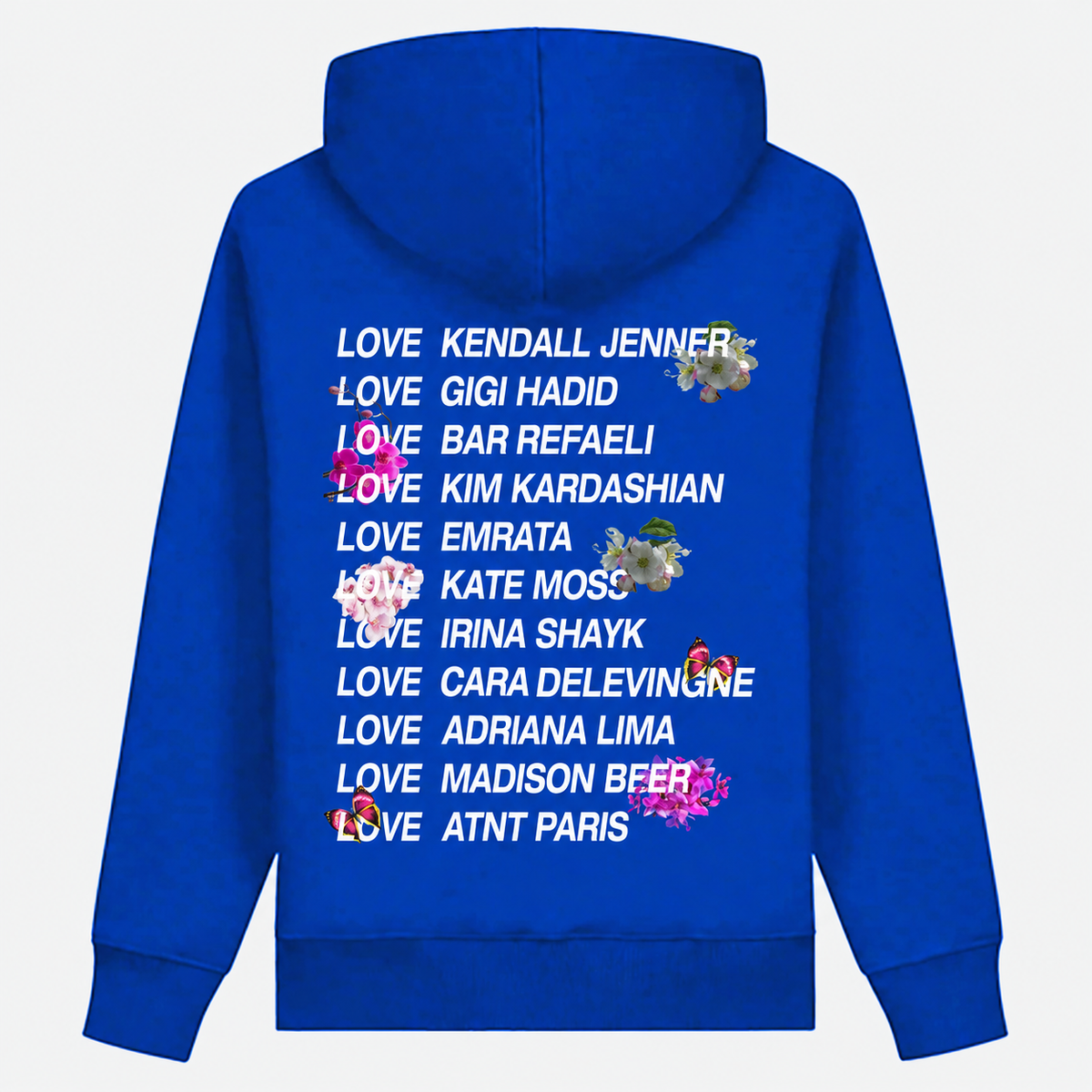 Sweat Love Flower bleu roi ATNT PARIS, vue de dos à plat sur fond gris clair