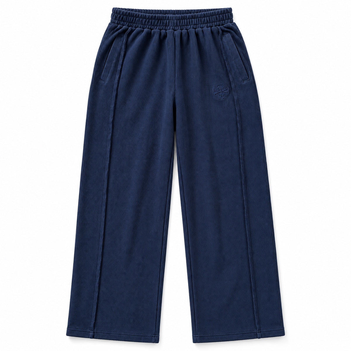 Pantalon Héritage Ample Marine ATNT PARIS, taille élastiquée, poches latérales et logo ton sur ton, vue de face.