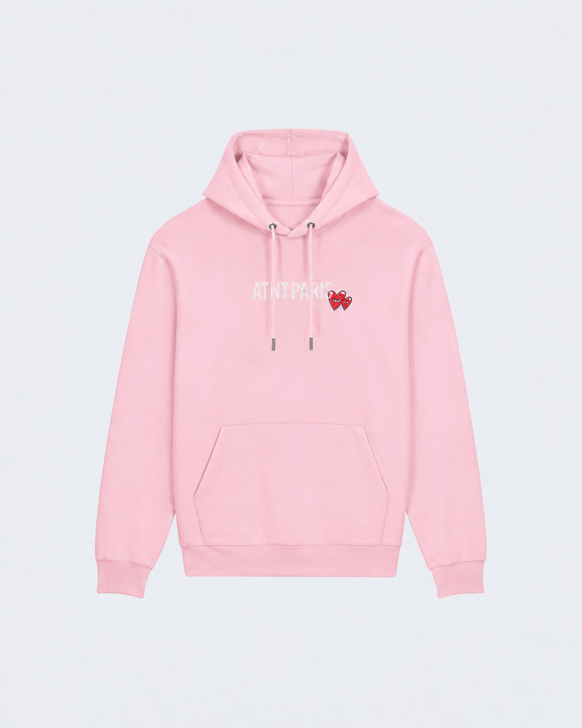 Sweat Capuche Rose Clair Love heart Strass ATNT PARIS — Pack studio naturel — mockup à plat, vue de face — fond gris clair