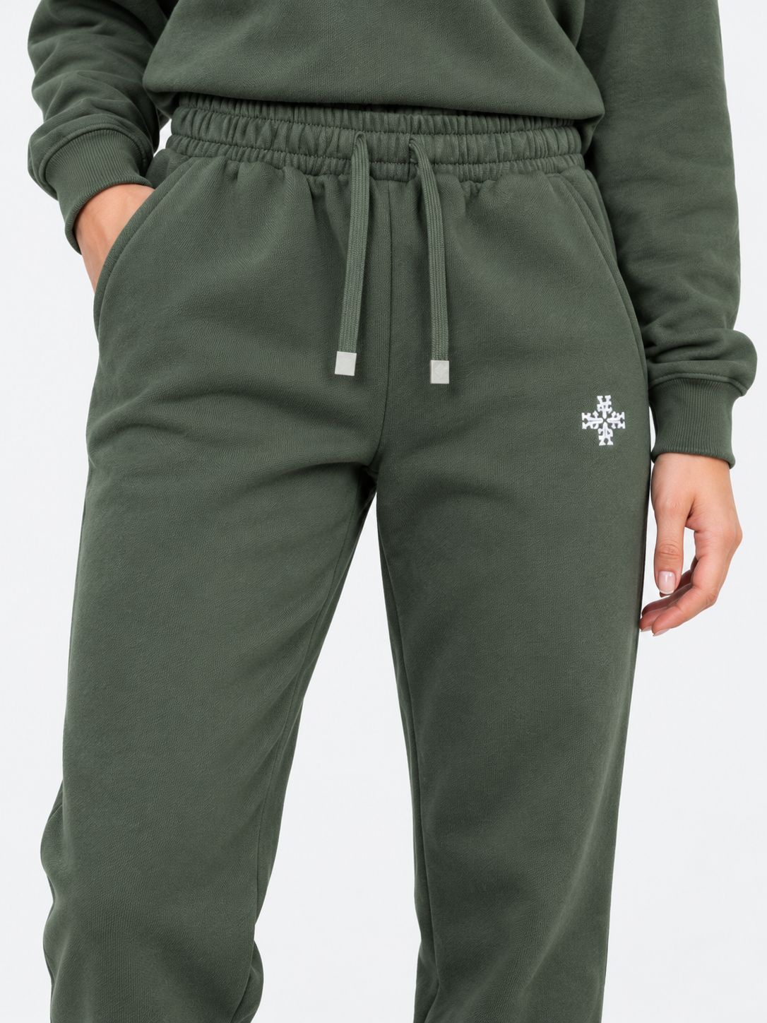 ATNT Tracksuits studio : Jogging Megeve Kaki, détail de la matière sur fond gris clair