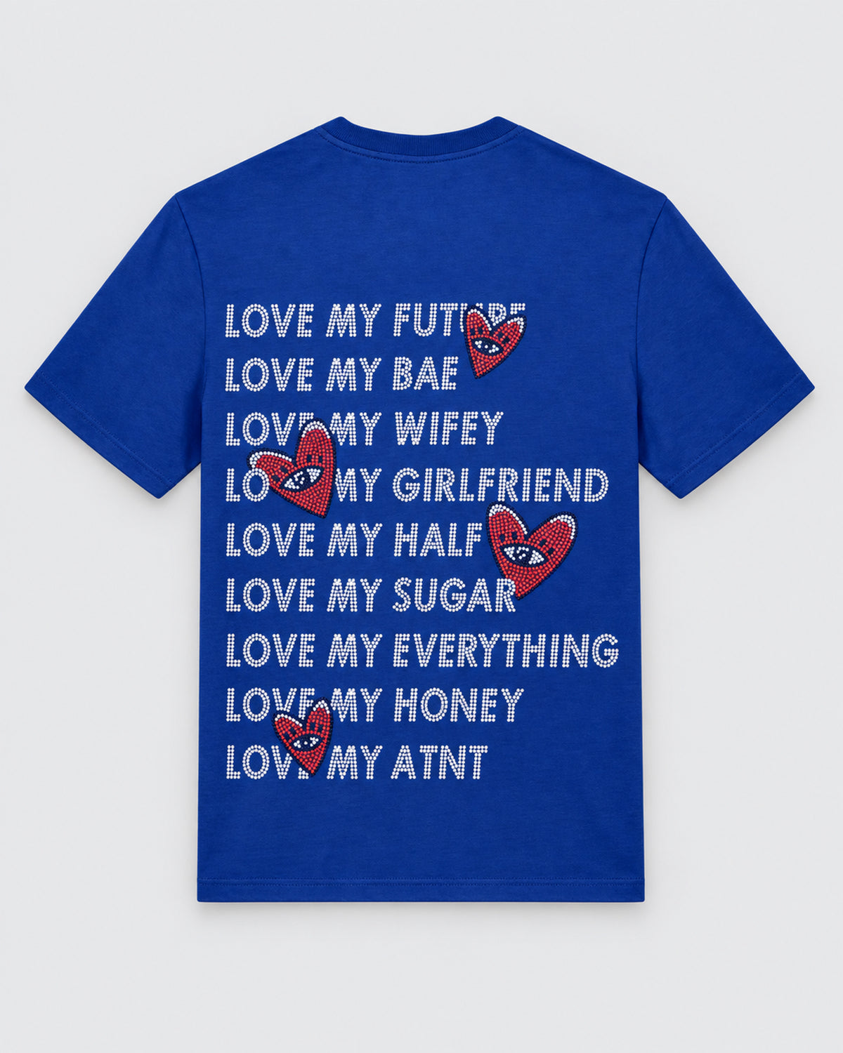T-shirt Love Heart Strass bleu roi ATNT PARIS — à plat, dos — studio gris clair