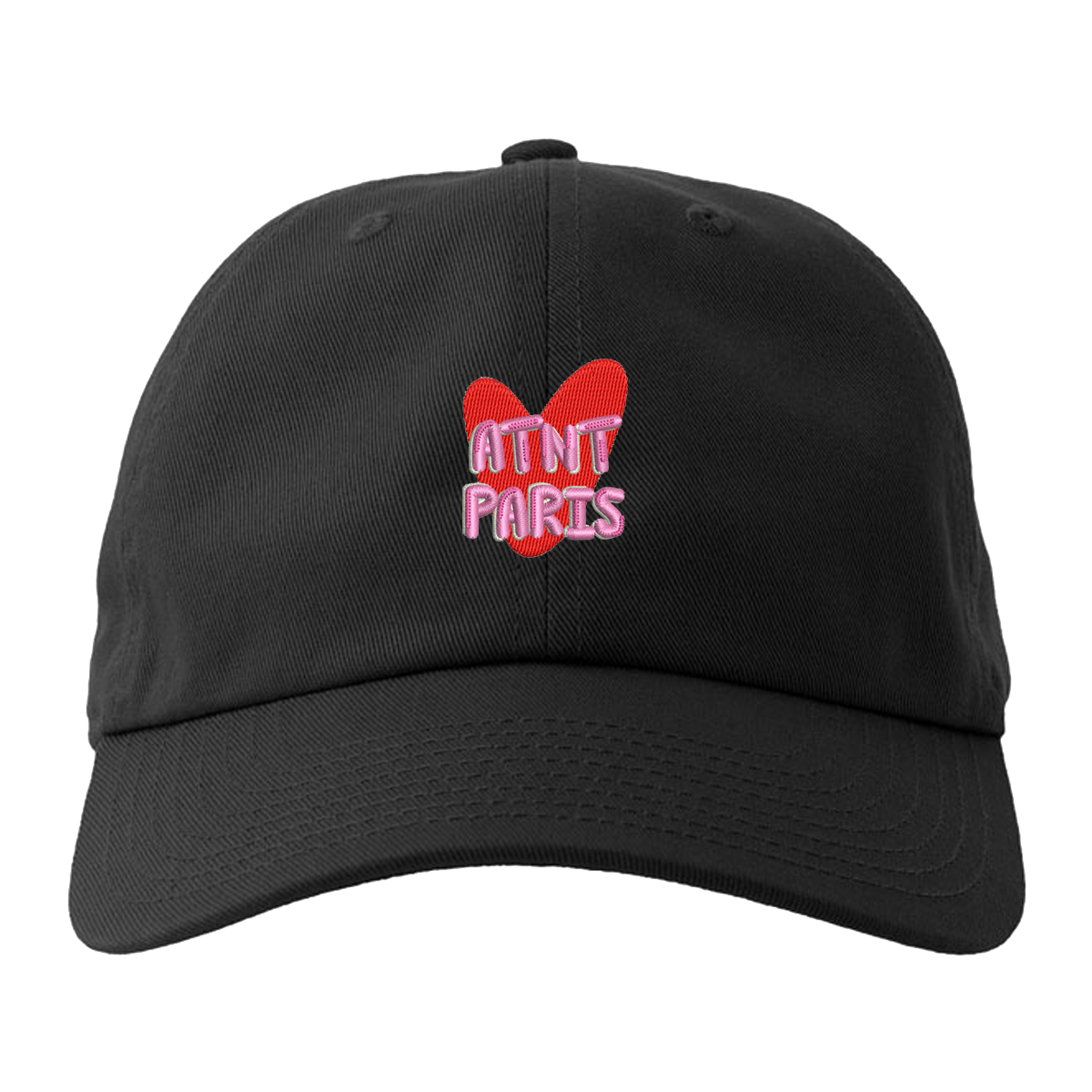 Casquette noire Heart ATNT PARIS, vue de face avec cœur rouge et logo.