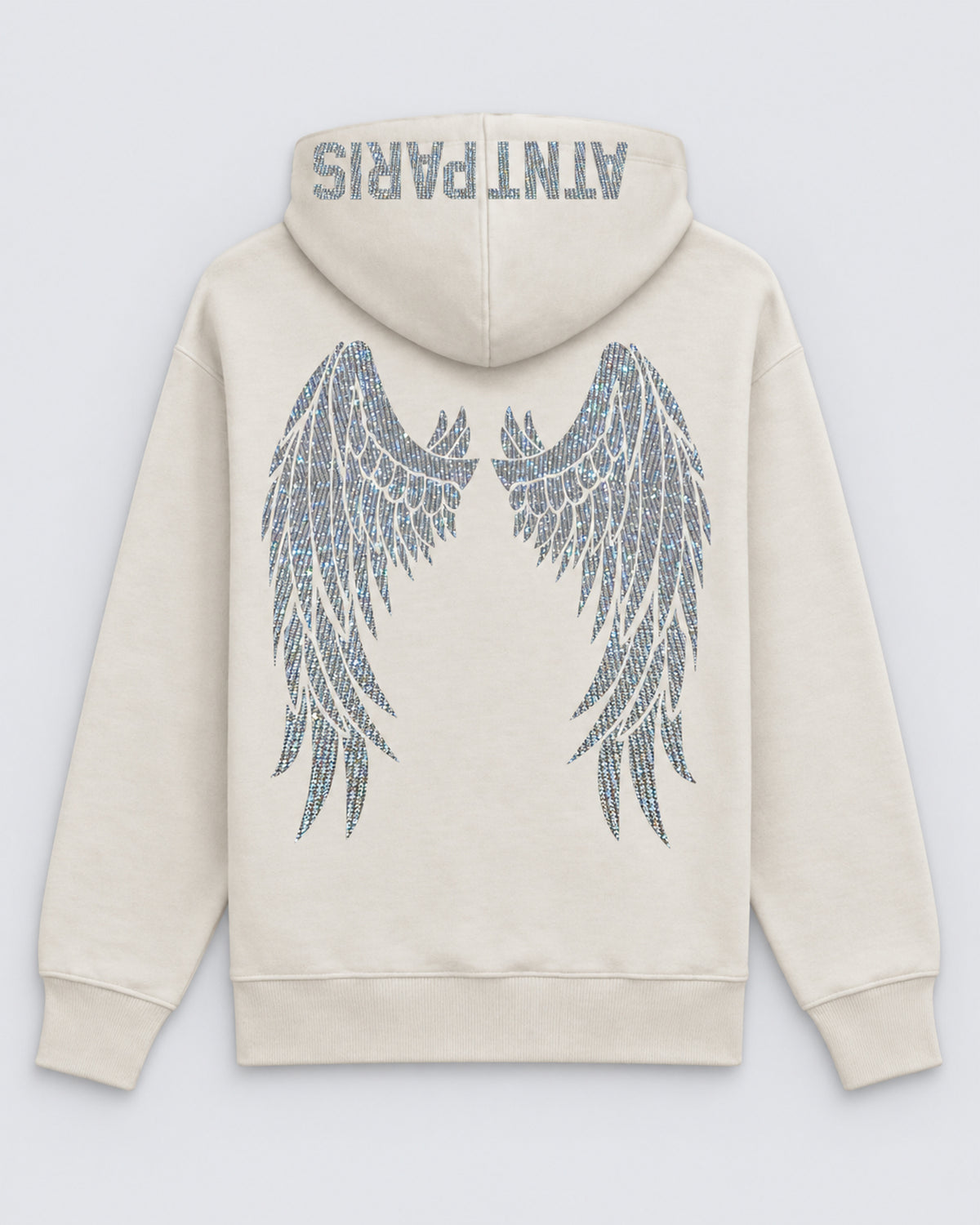 Sweat à Capuche Blanc Dark Angel Strass – ATNT Paris — Pack studio naturel, studio gris clair, vue à plat de dos.