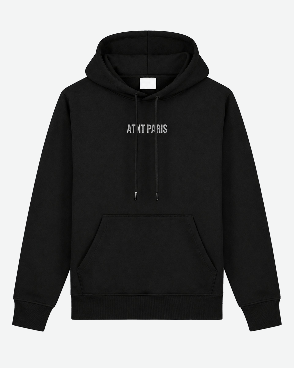 Sweat à Capuche Noir Dark Angel Strass — vue de face, fond gris clair #F3F4F4
