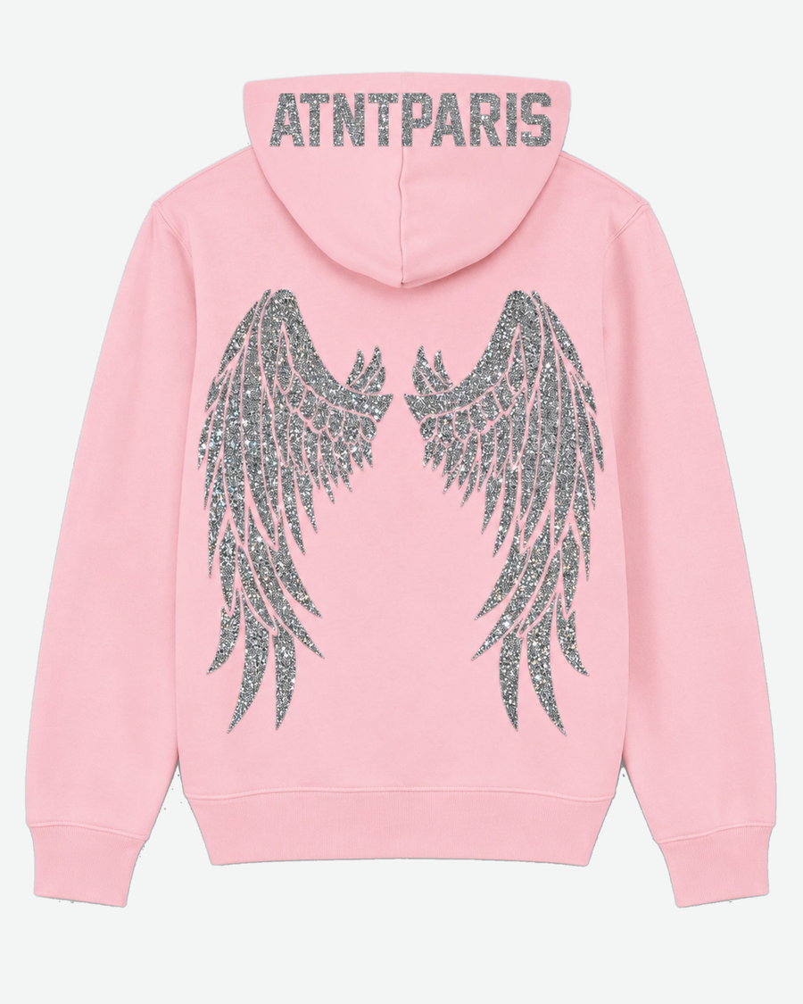 Sweat à Capuche Rose Clair Dark Angel Strass – ATNT Paris