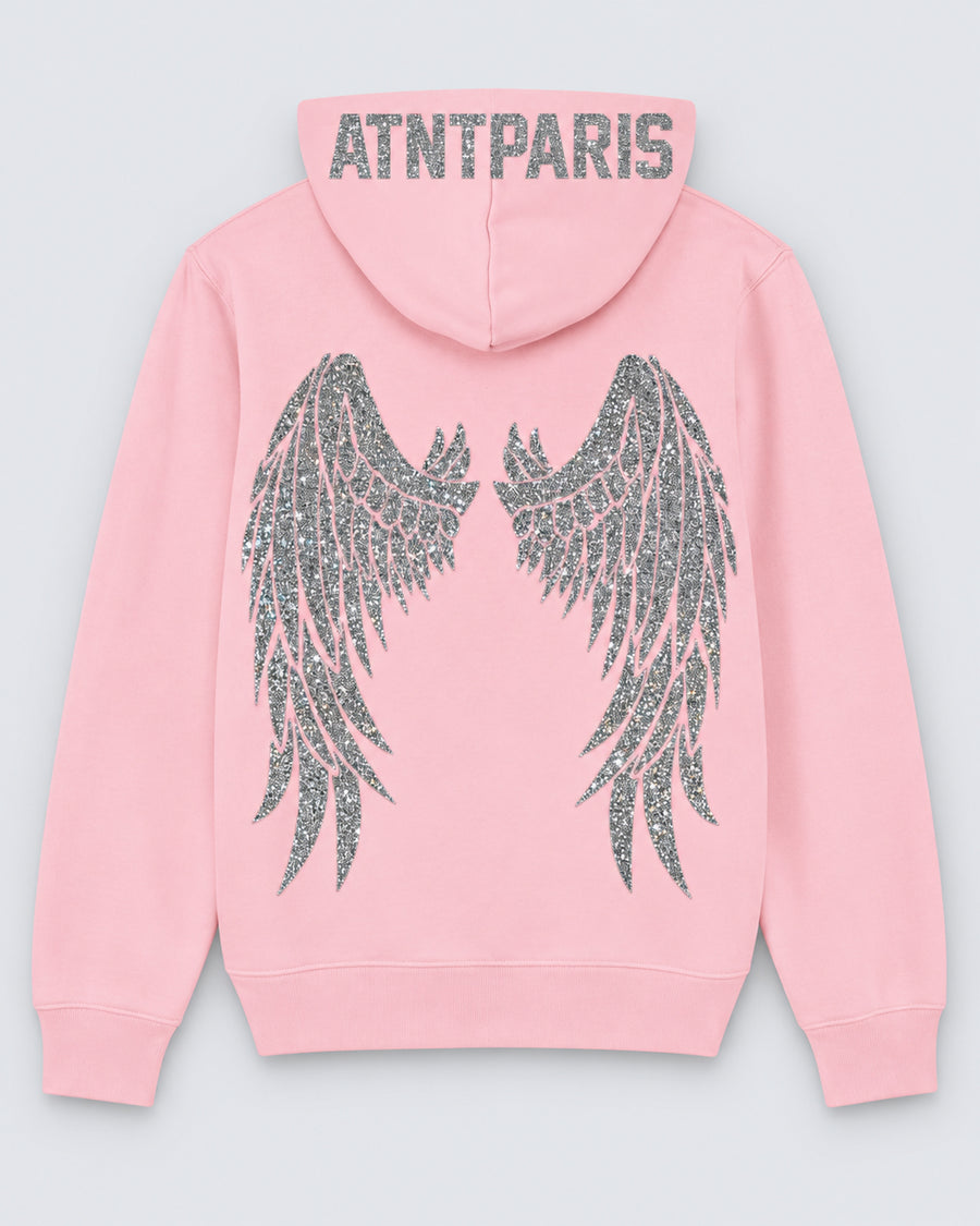 Sweat à Capuche Rose Clair Dark Angel Strass – ATNT Paris