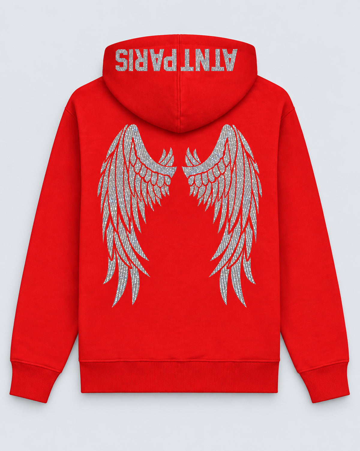 Sweat à Capuche Rouge Dark Angel Strass – ATNT Paris — Pack studio naturel, studio gris clair, vue à plat de dos.