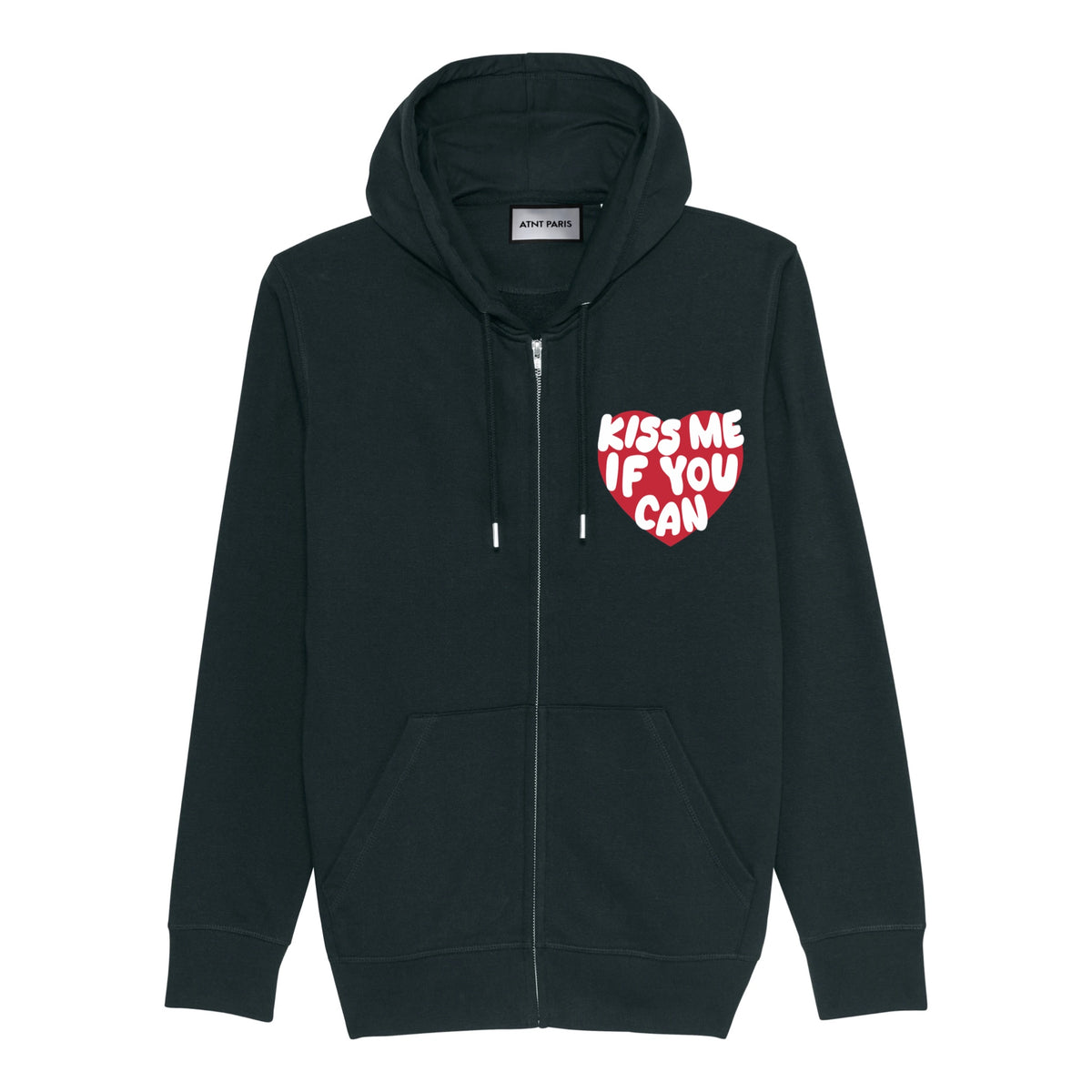 Gilet zippé Kiss Me If You Can noir ATNT PARIS, vue de face.
