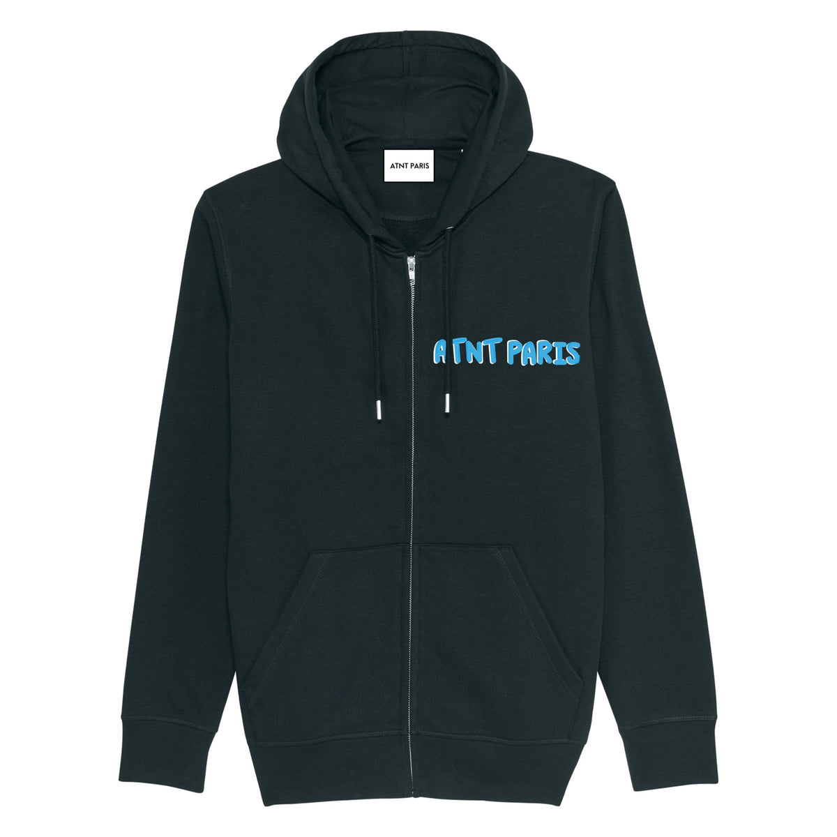 Gilet zippe noir Love Is a Feeling ATNT PARIS, vue de face.
