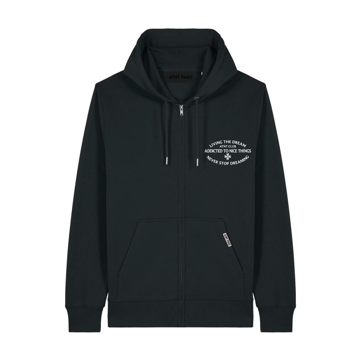 Gilet zippé noir Never Stop Dreaming ATNT PARIS, vue de face.
