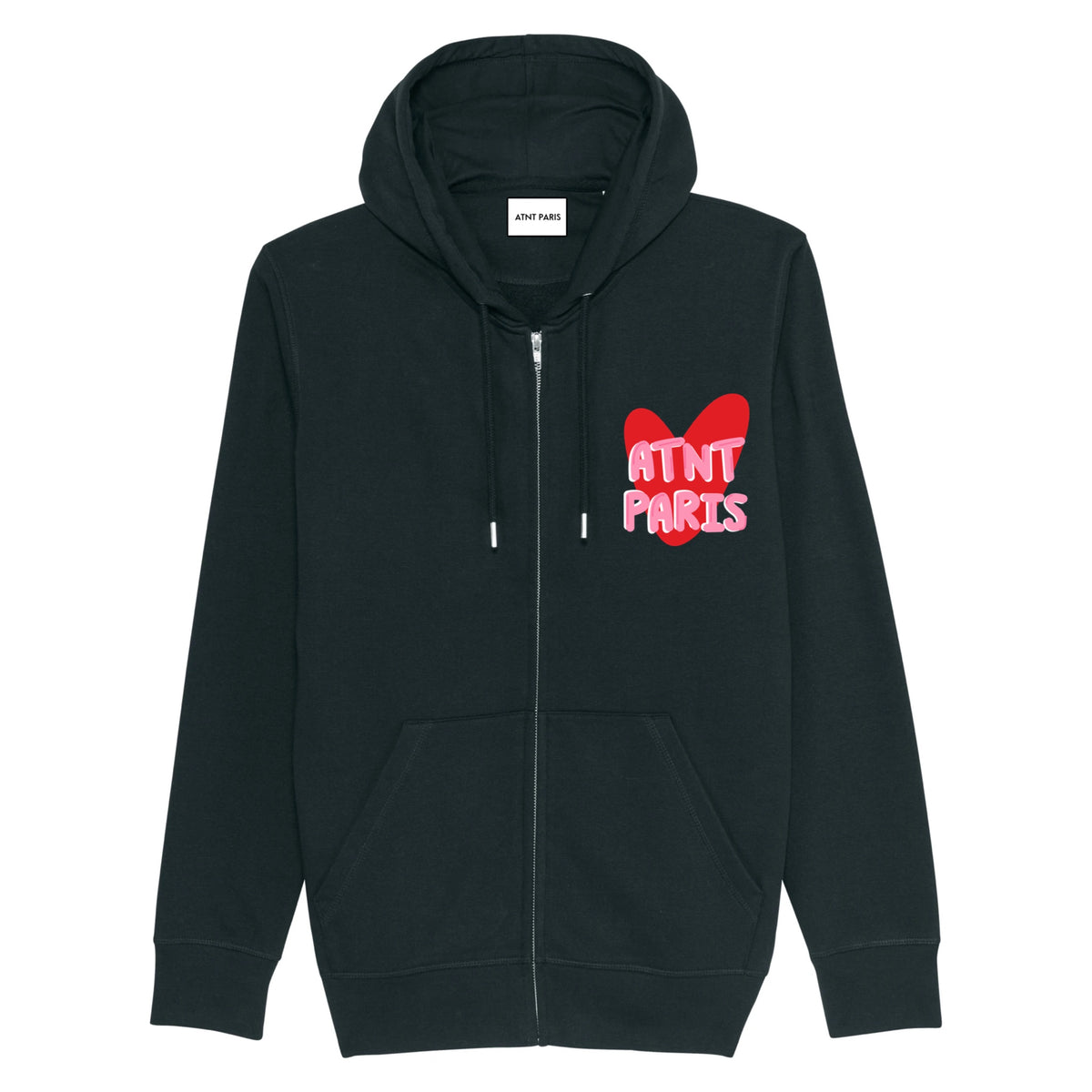 Gilet zippé noir Trust Your Love ATNT PARIS, vue de face.