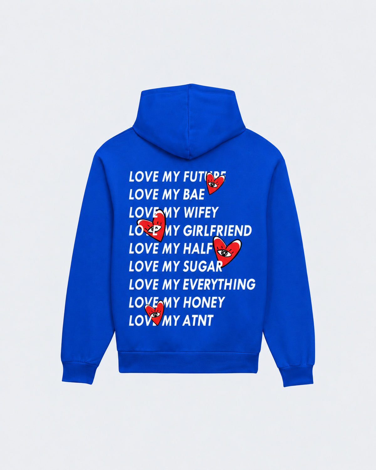 Sweat Capuche Bleu roi Love Heart ATNT PARIS — Pack studio naturel — mockup à plat, vue de dos — fond gris clair