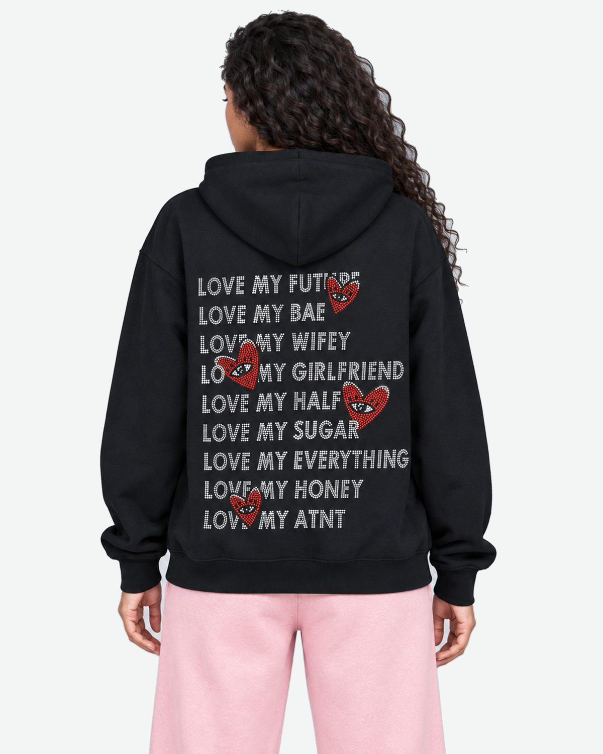 Sweat Capuche Noir Love heart Strass — vue de dos — fond #F3F4F4, 1920 × 2400 px