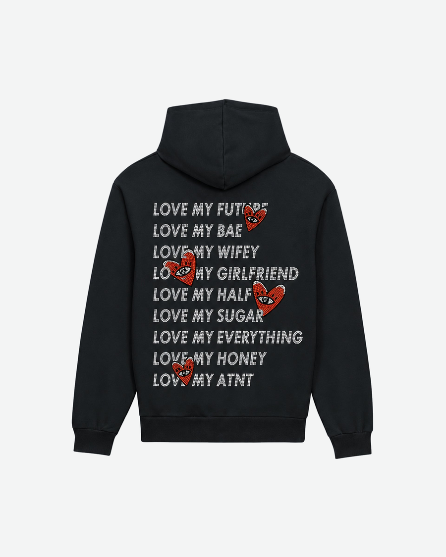 Sweat Capuche Noir Love heart Strass