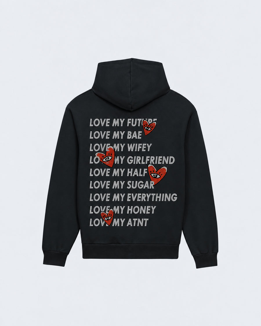 Sweat Capuche Noir Love heart Strass