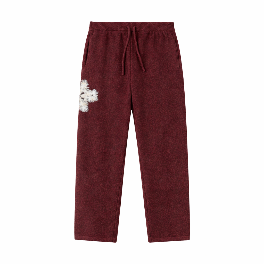 Pantalon de jogging en maille fluffy monogramme signature bordeaux ATNT PARIS, vue de face.