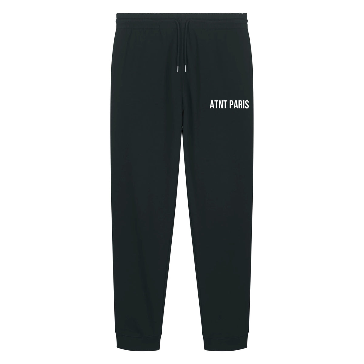 Pantalon de jogging noir à logo ATNT PARIS, vue de face.