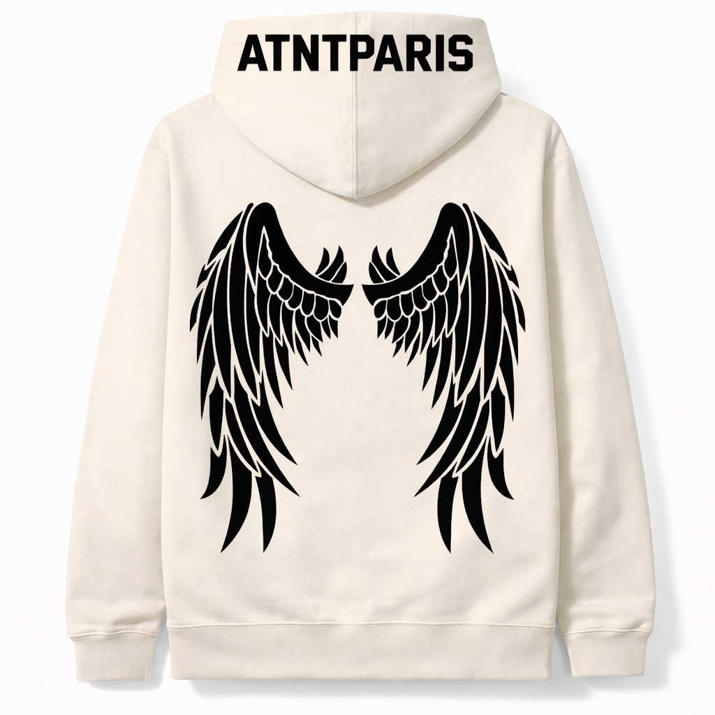 Sweat à capuche blanc cassé Dark Angel ATNT PARIS, vue de dos.
